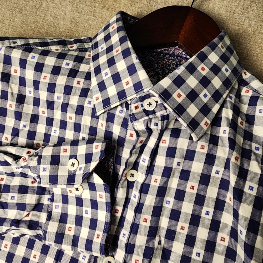 Bugatchi Uomo Button Down Men L Blue White Gingham Floral Trim Long Sleeve Shirt